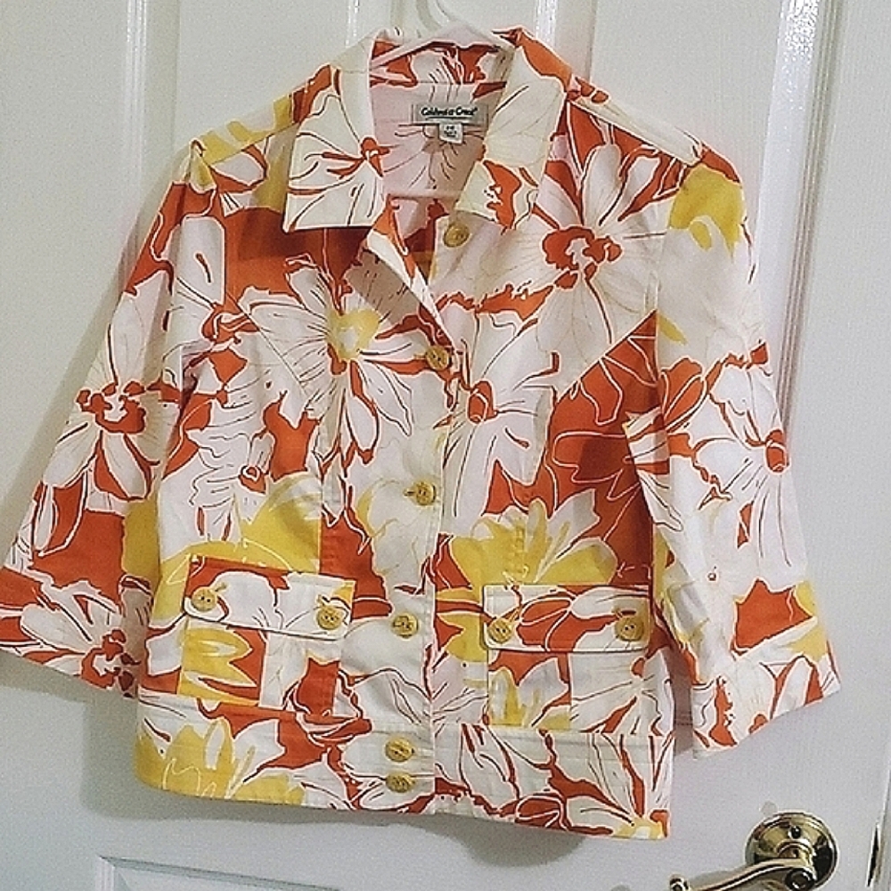 Coldwater Creek Colorful Yellow & Orange Floral Casual Office Cropped Jacket 10P
